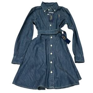 Girls Polo Ralph Lauren Denim Long Sleeve Belted Shirtdress Pockets Size 8 NWT